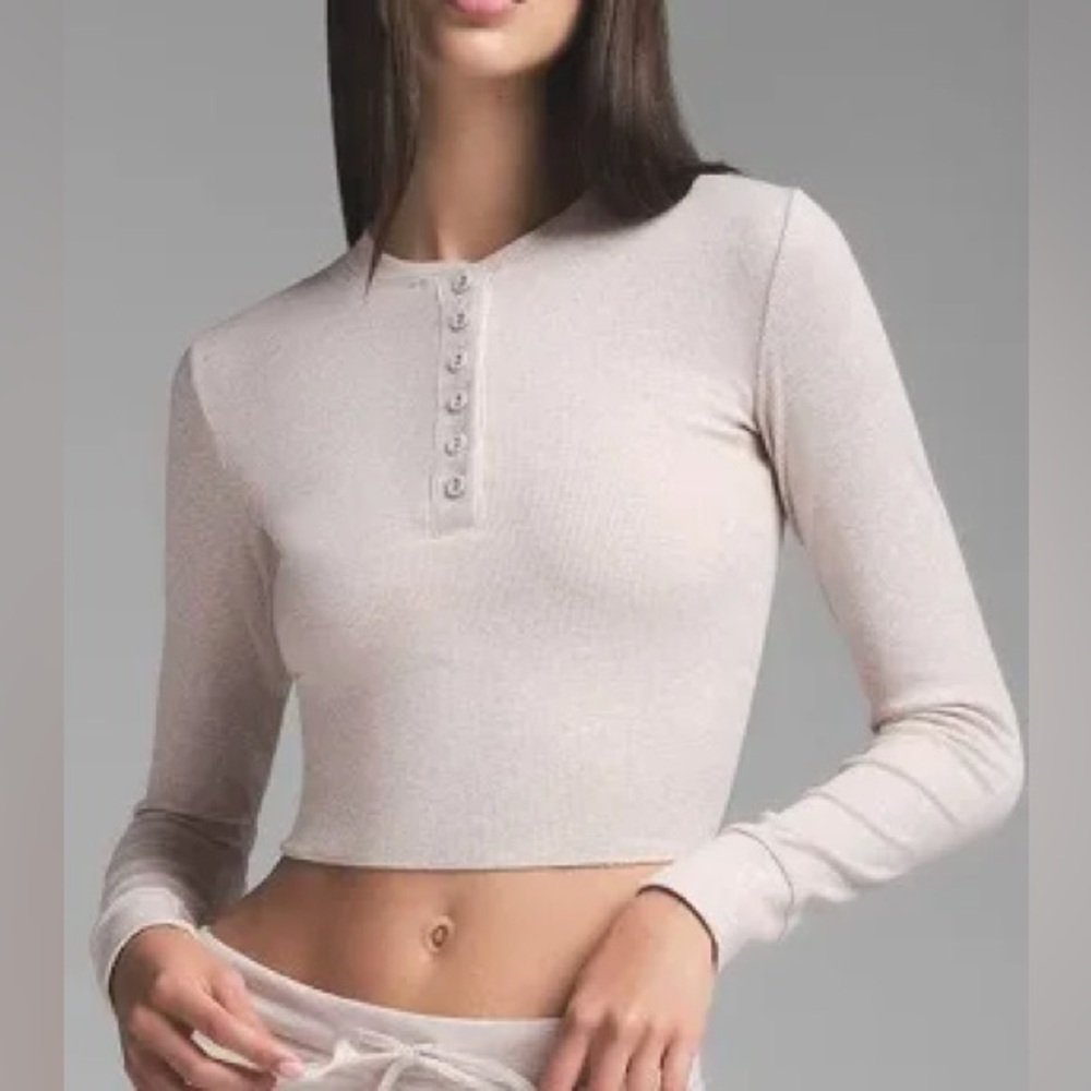 NWT SKIMS COTTON RIB LONG SLEEVE CROP HENLEY - Size L | Oatmeal Heather